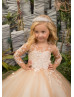 Ivory Lace Champagne Tulle Floor Length Flower Girl Dress